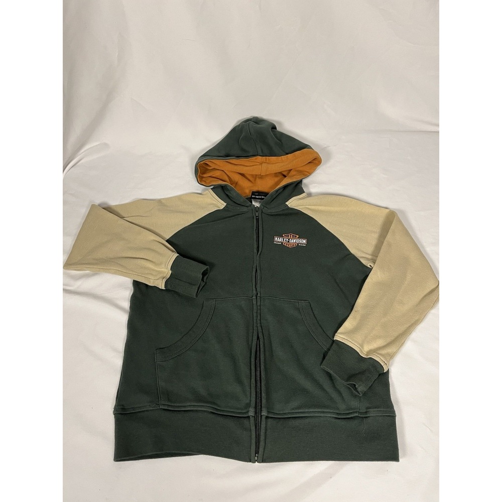 Harley-Davidson Youth Zip Hoodie Size 8/10 Green Orange Beige Jacket
